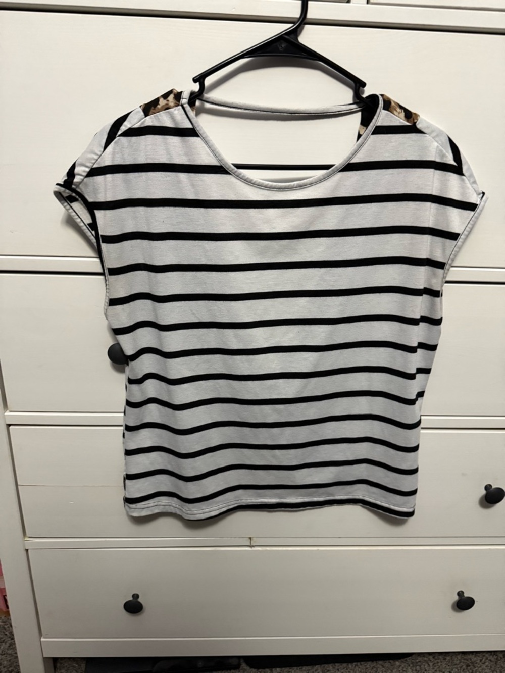 Striped Black & White Short Sleeve Top with open back and leopard design